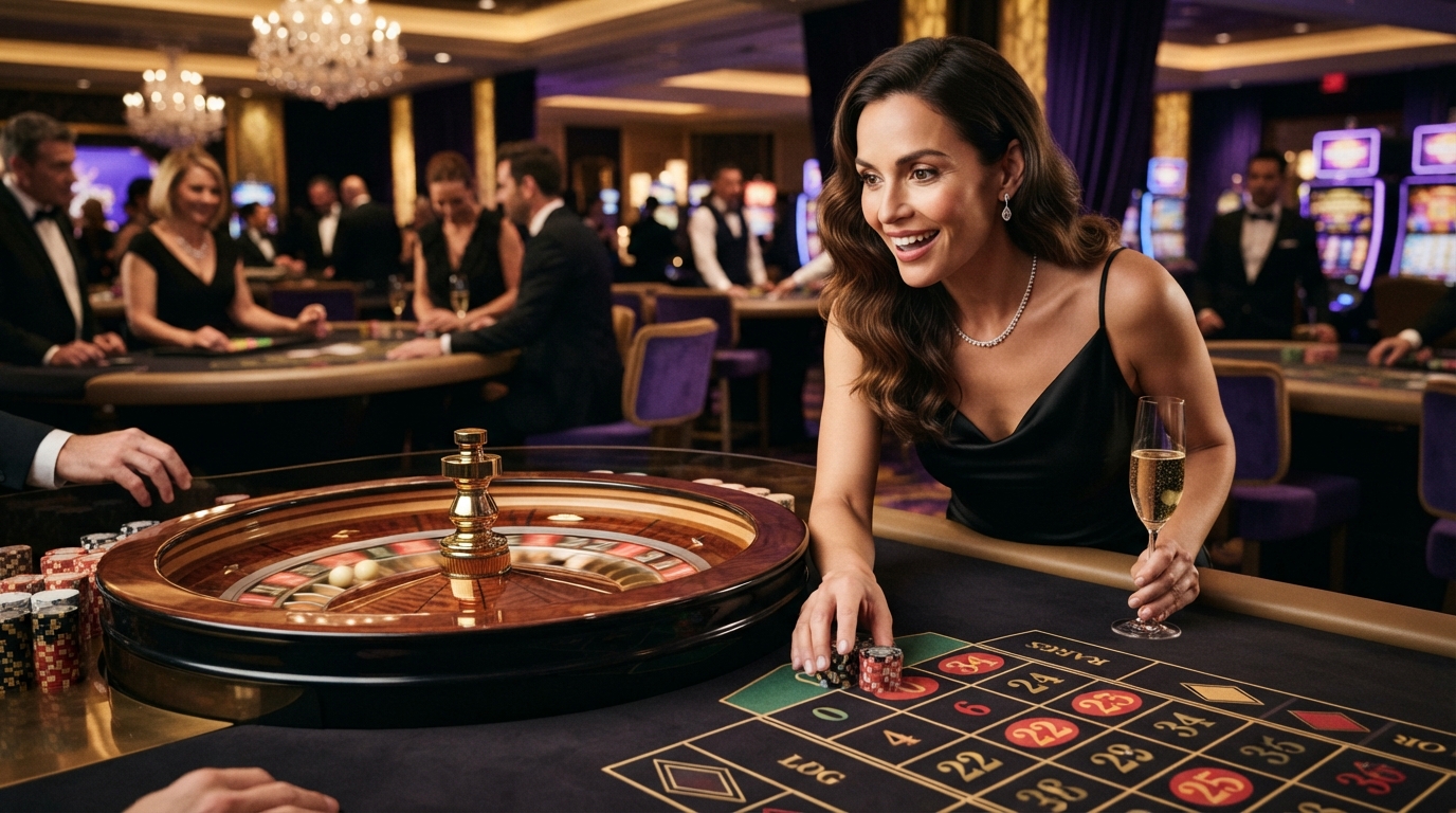 Casino uden ROFILLER Nem Udbetaling — Champagneglød på et roulettebord, et blik af ivrig forventning.